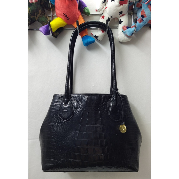 Brahmin Black Patent Leather Crocodile Embossed Double Handles Tote Shoulder Bag - Picture 1 of 16